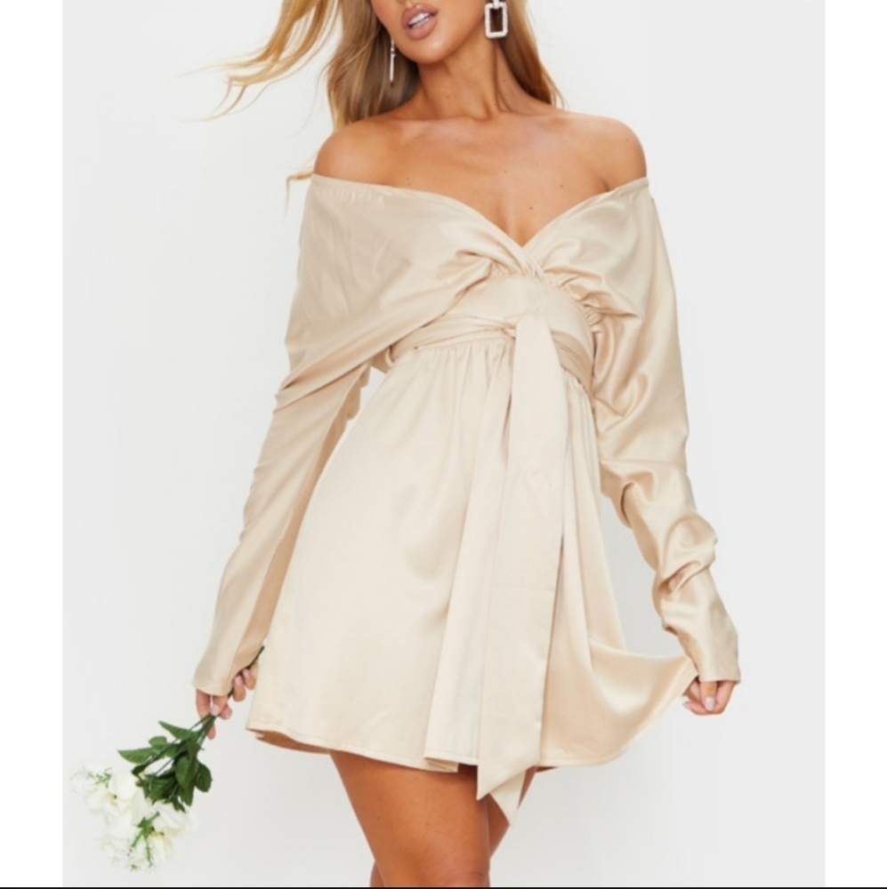 Champagne Satin Off The Shoulder Dress